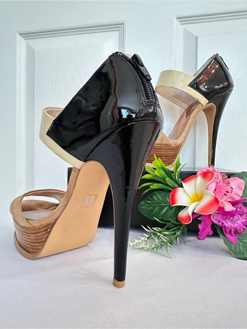 EVA & ZOE ~ Stiletto Black and Beige Patent Leather w/Tan Suede Leather Peep Toe
